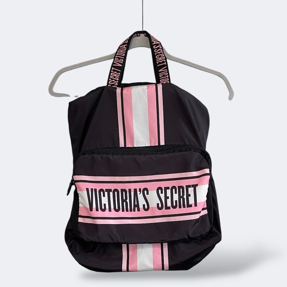 Victoria's Secret Black Pink Stripe Nylon Backpack Travel Pool Summer Beach Bag - Picture 5 of 10